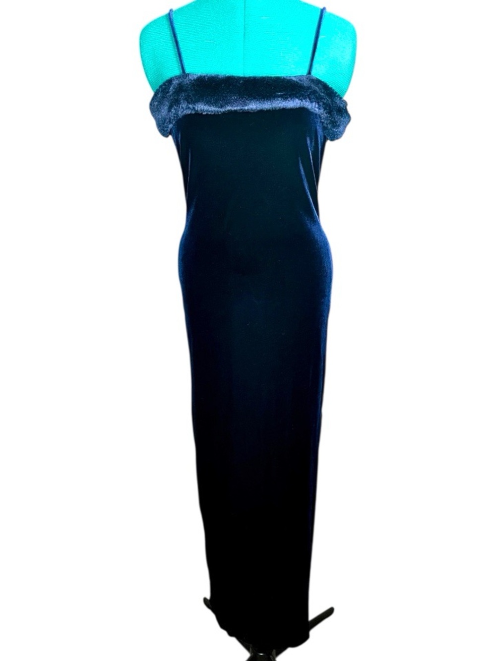 Blue Velvet spaghetti strap Maxi Dress gown with Faux Fur Trim